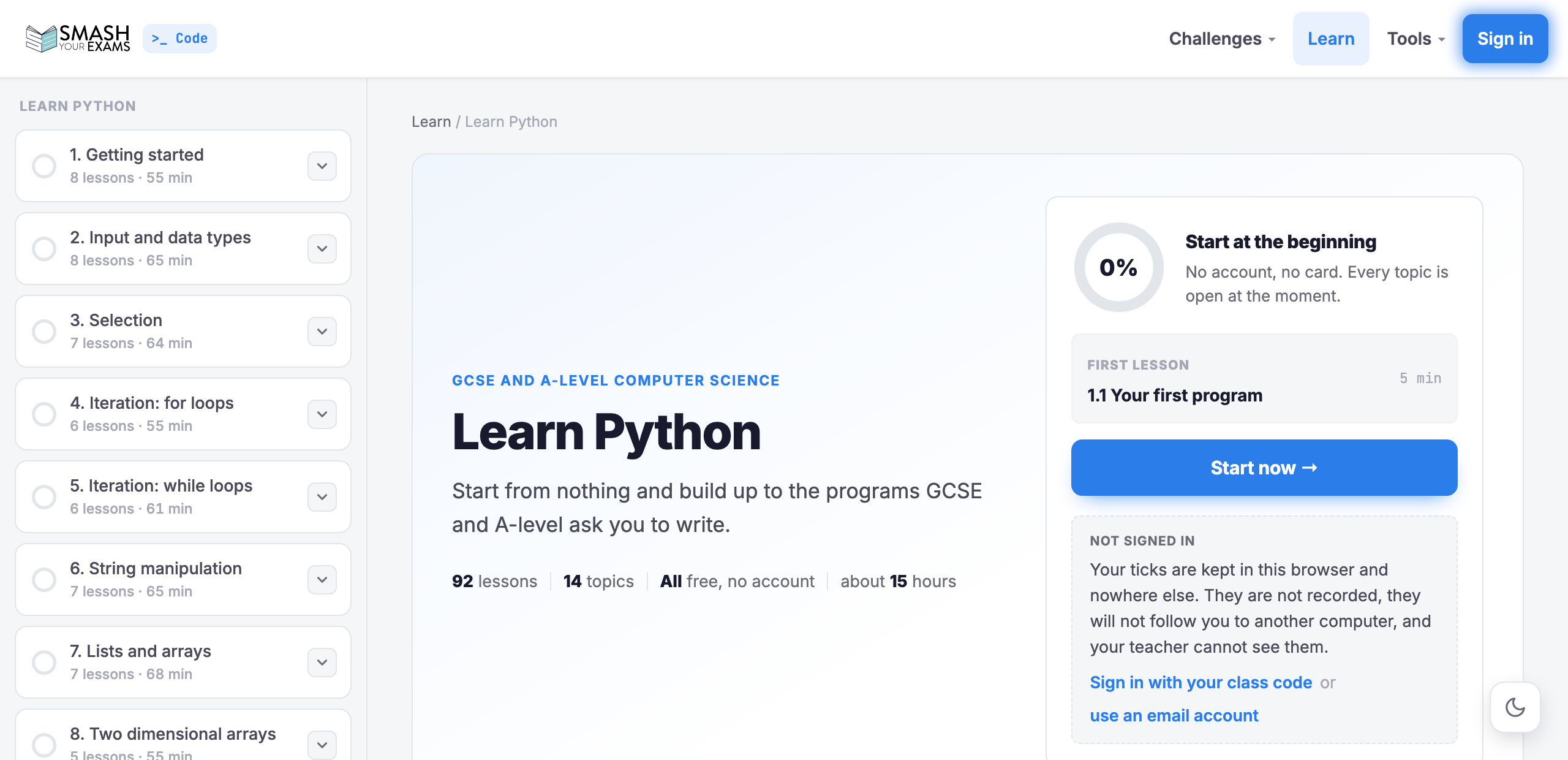 The Learn Python course: 14 topics and 92 lessons, free to read