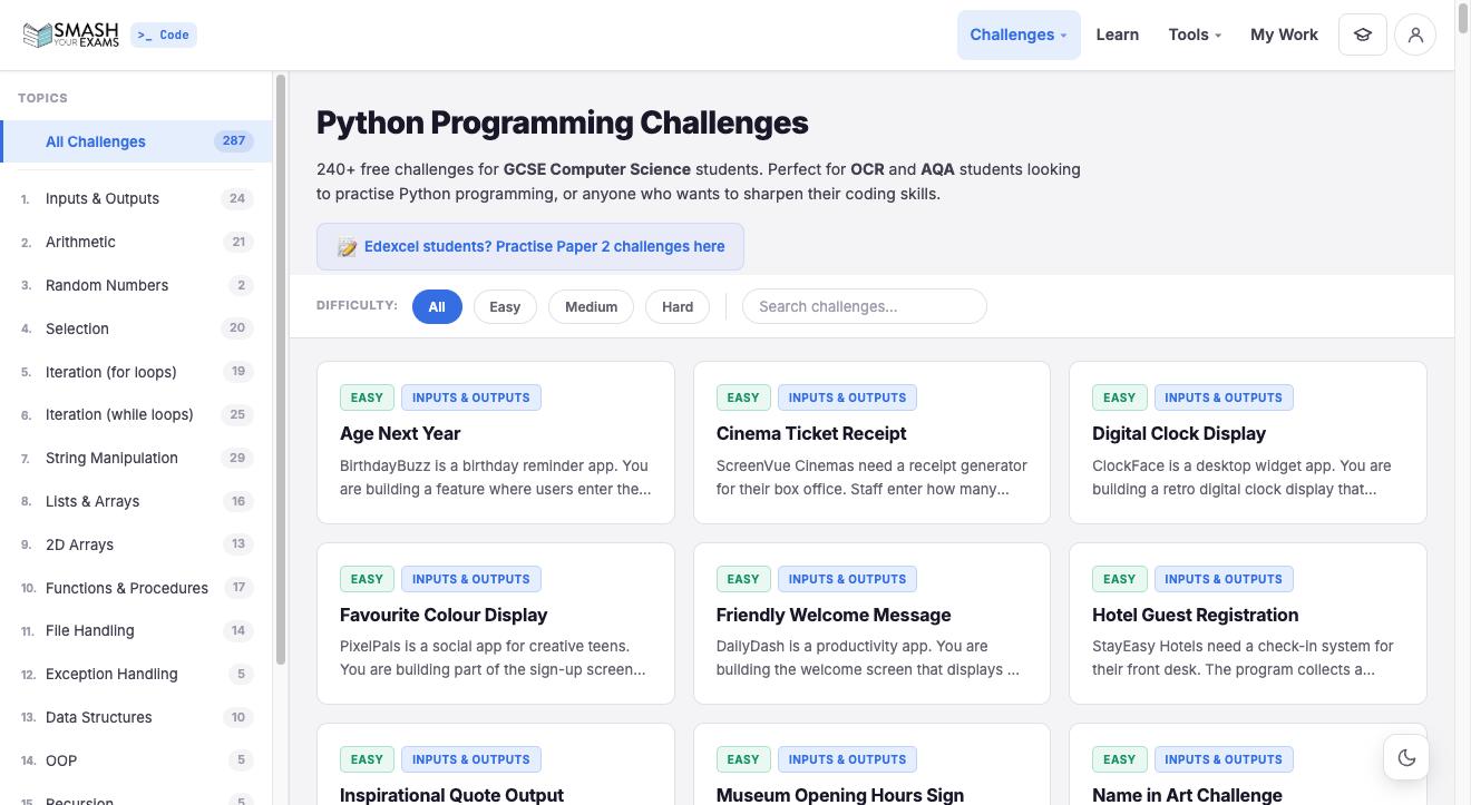 The Python challenge catalogue, with topic and difficulty filters down the side