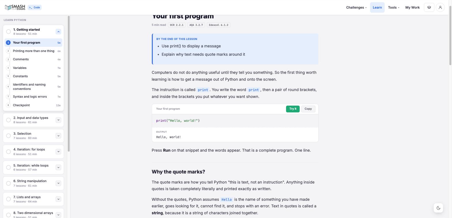 A lesson: what you will be able to do, the idea, then code that runs on the page