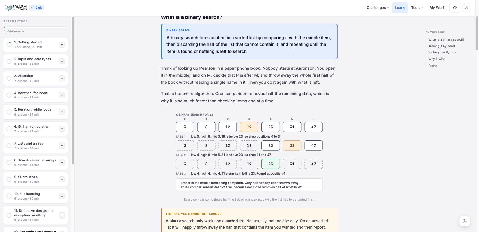 Hard ideas drawn out. A binary search, one pass at a time