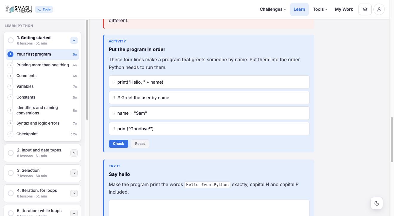 A Learn Python lesson with a drag-to-order activity and a marked exercise, and the course contents down the left