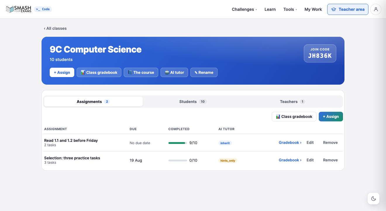 A class page in the teacher area showing its join code, tabs and assignment list