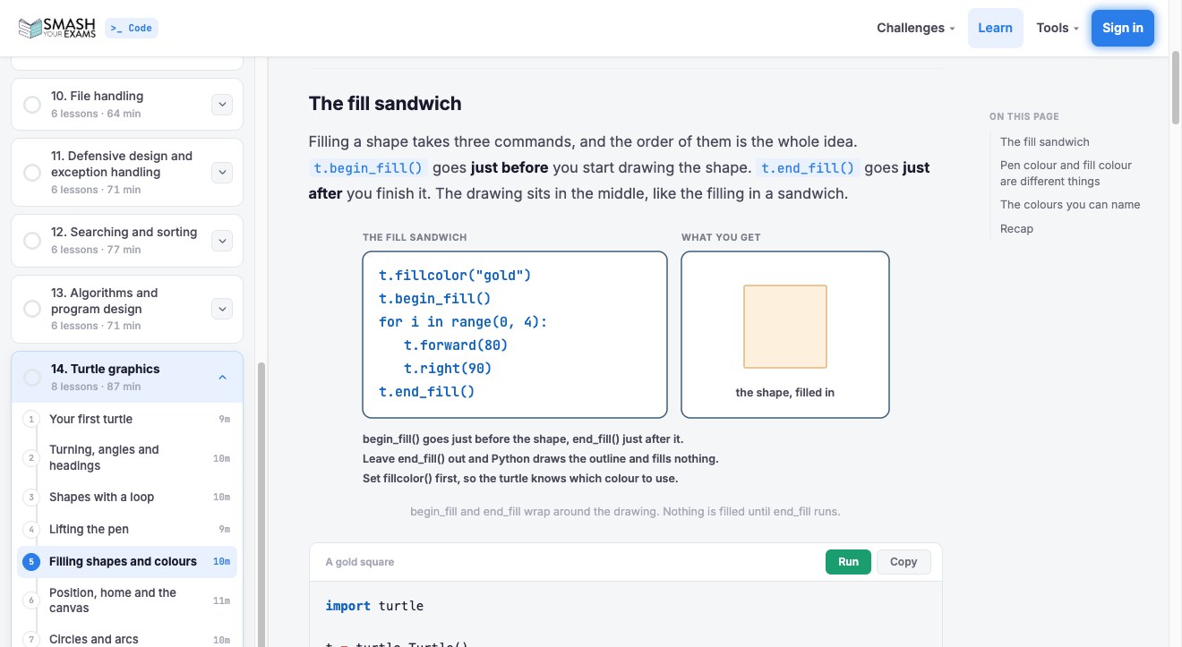 The filling shapes lesson, showing the fill sandwich diagram beside runnable Python, with the eight lesson turtle topic open in the sidebar.