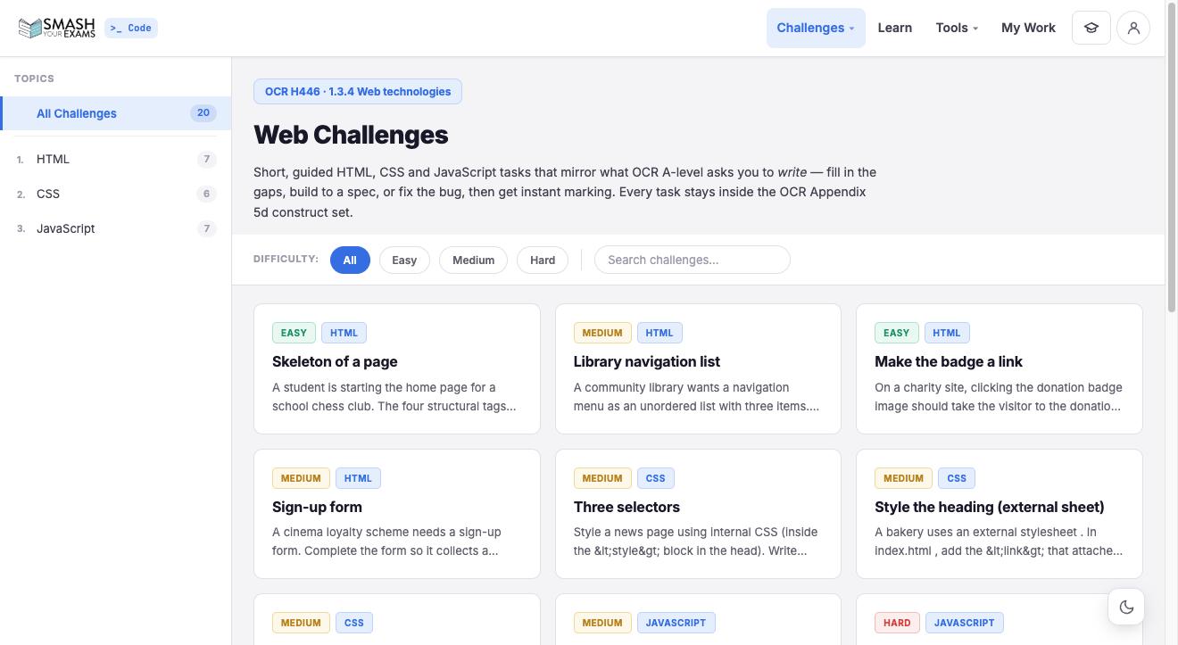 The web challenge catalogue, split into HTML, CSS and JavaScript