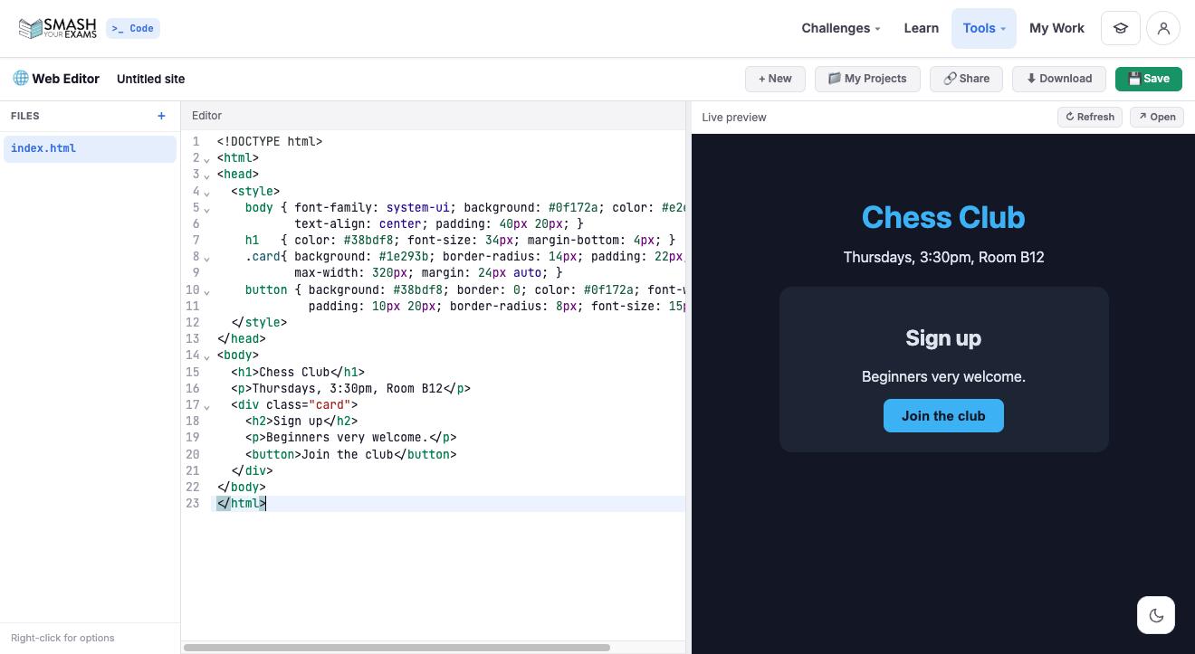 The web editor with an HTML file open and the page it renders beside it